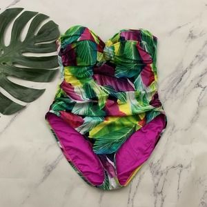 La Blanca Womens One Piece Swimsuit Size 12 Pink Green Tropical Print Strapless